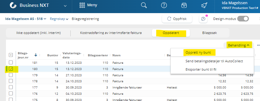 Reversere en bunt i Business NXT