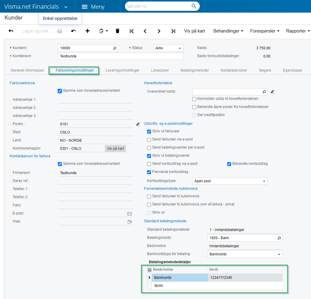 faktureringsinnstillinger, kunde